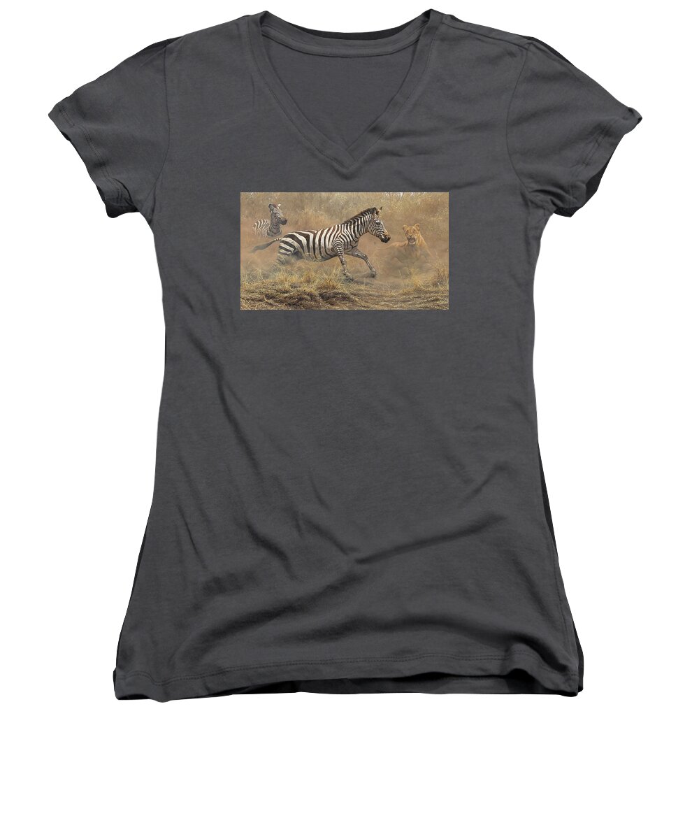 Lion Women's V-Neck featuring the painting The Chase by Alan M Hunt