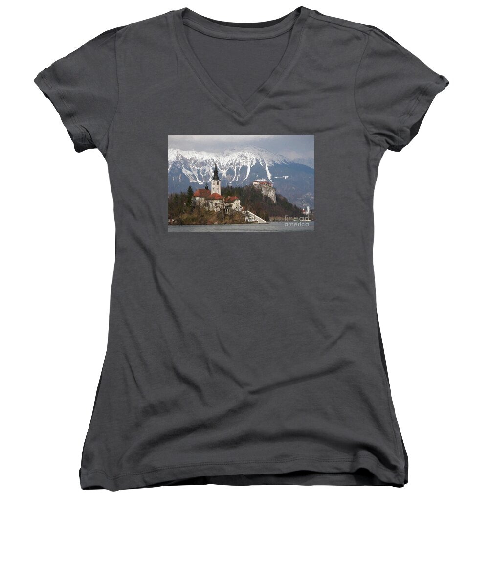 Alps Women's V-Neck featuring the digital art The church and the castle, Lake Bled by Howard Ferrier