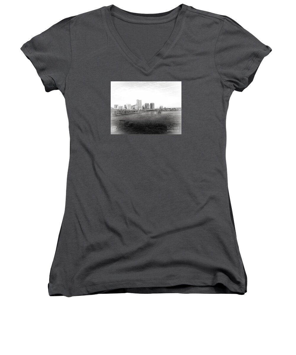  Women's V-Neck featuring the photograph The City Of Richmond Black And White by Melissa Messick