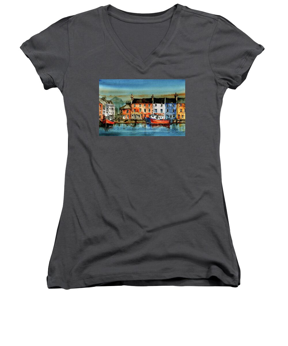 Ireland Women's V-Neck featuring the painting The Commercial Docks, Galway Citie by Val Byrne