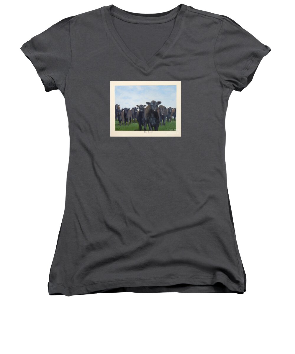 Black Cow Women's V-Neck featuring the painting The Court by Phyllis Andrews
