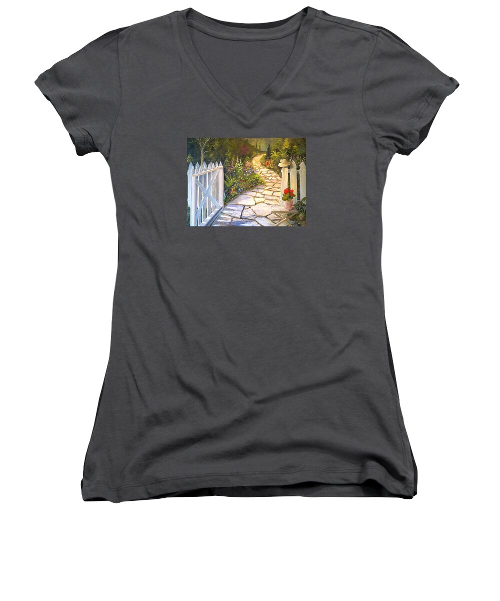Landscape Women's V-Neck featuring the painting The Cutting Garden by Alan Lakin