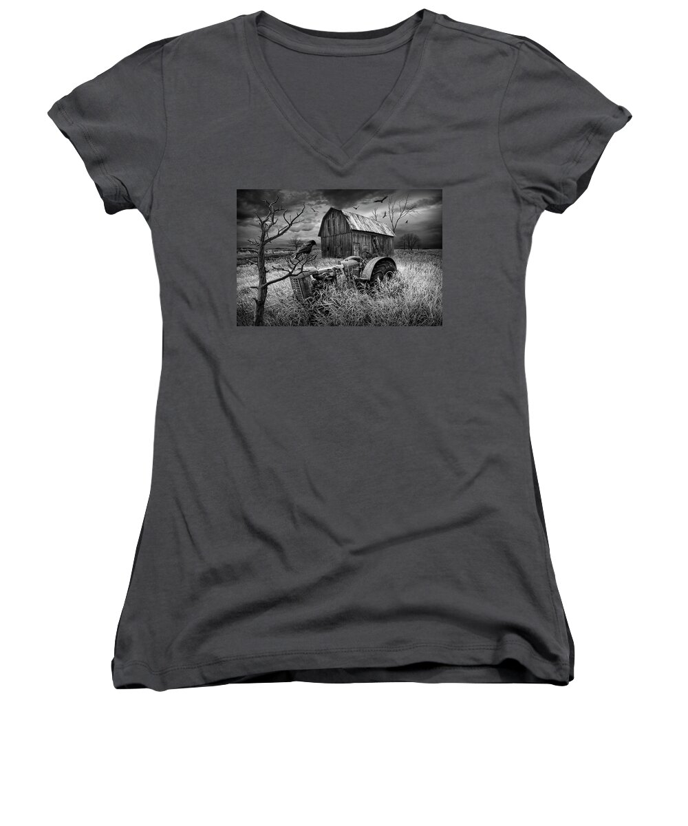 Art Women's V-Neck featuring the photograph The Decline and Death of the Small Farm in Black and White by Randall Nyhof