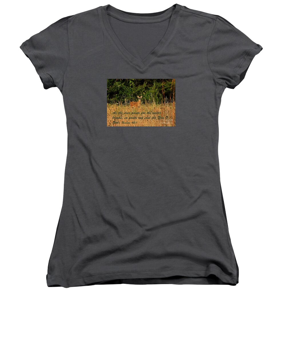 A Curious Doe On An Autumn Morning With Scripture. Women's V-Neck featuring the photograph The Deer by Barbara Dean