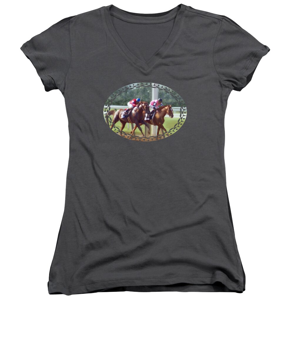 Horses Women's V-Neck featuring the painting The Duel by Becky Herrera