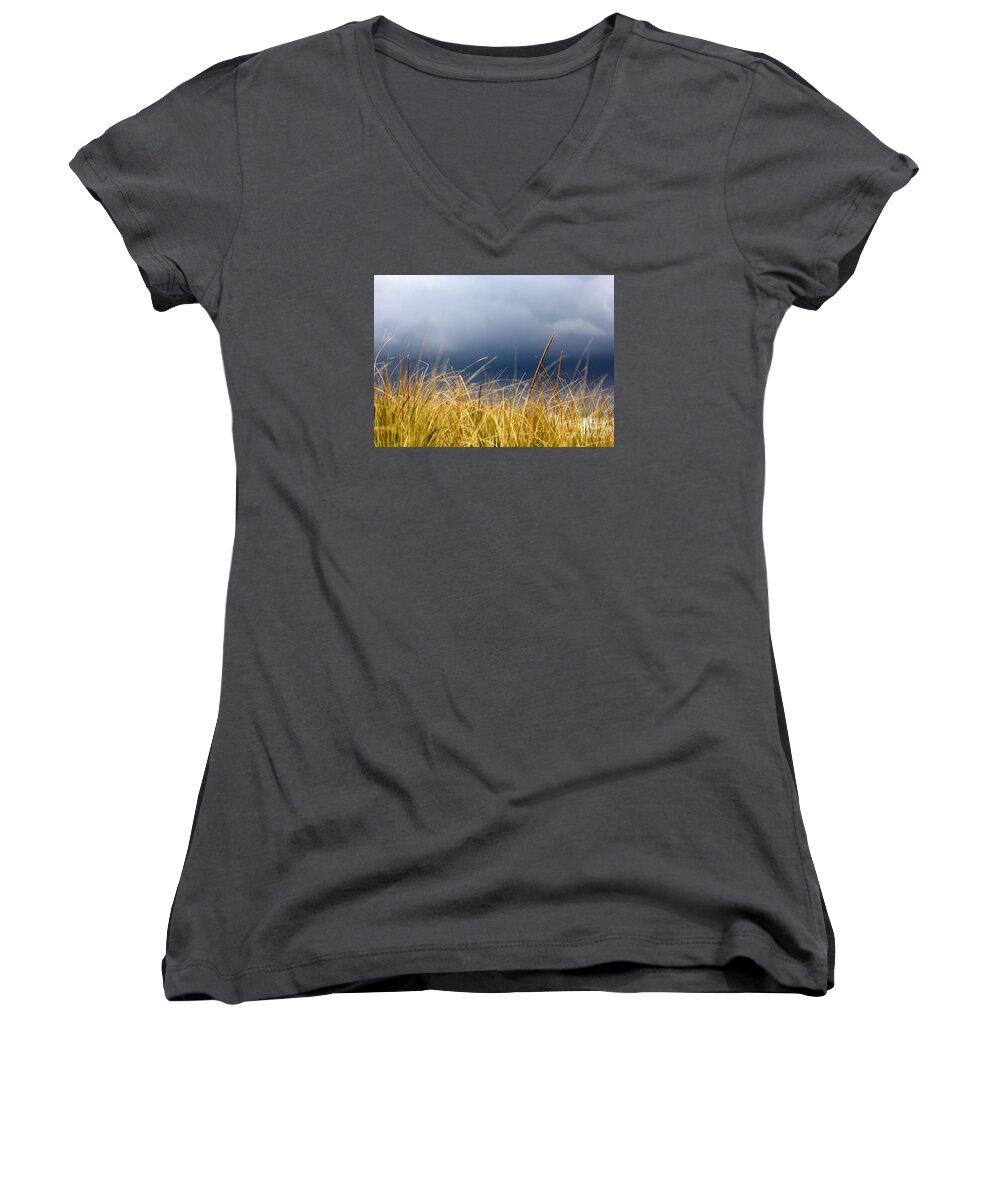 Dune Women's V-Neck featuring the photograph The tall grass waves in the wind by Dana DiPasquale