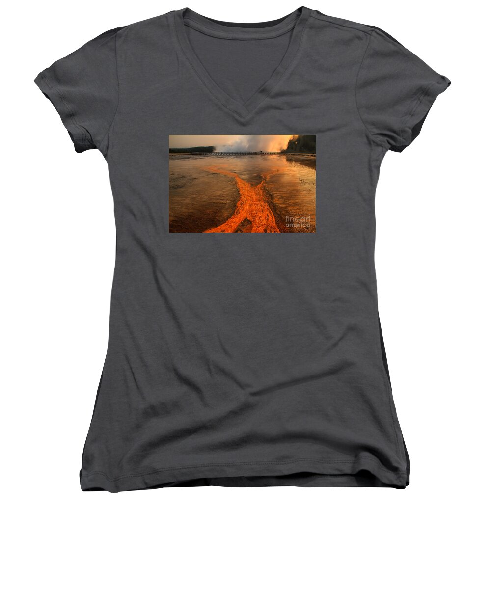 Grand Prismatic Spring Women's V-Neck featuring the photograph The Enchantment of Grand Prismatic Spring by Teresa Zieba