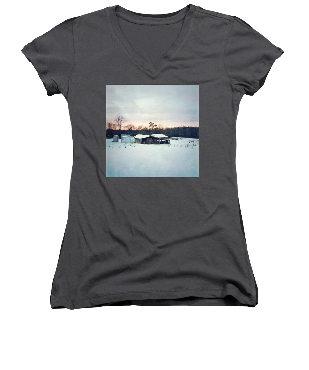 Photography Women's V-Neck featuring the photograph The Farm In Snow At Sunset by Melissa D Johnston