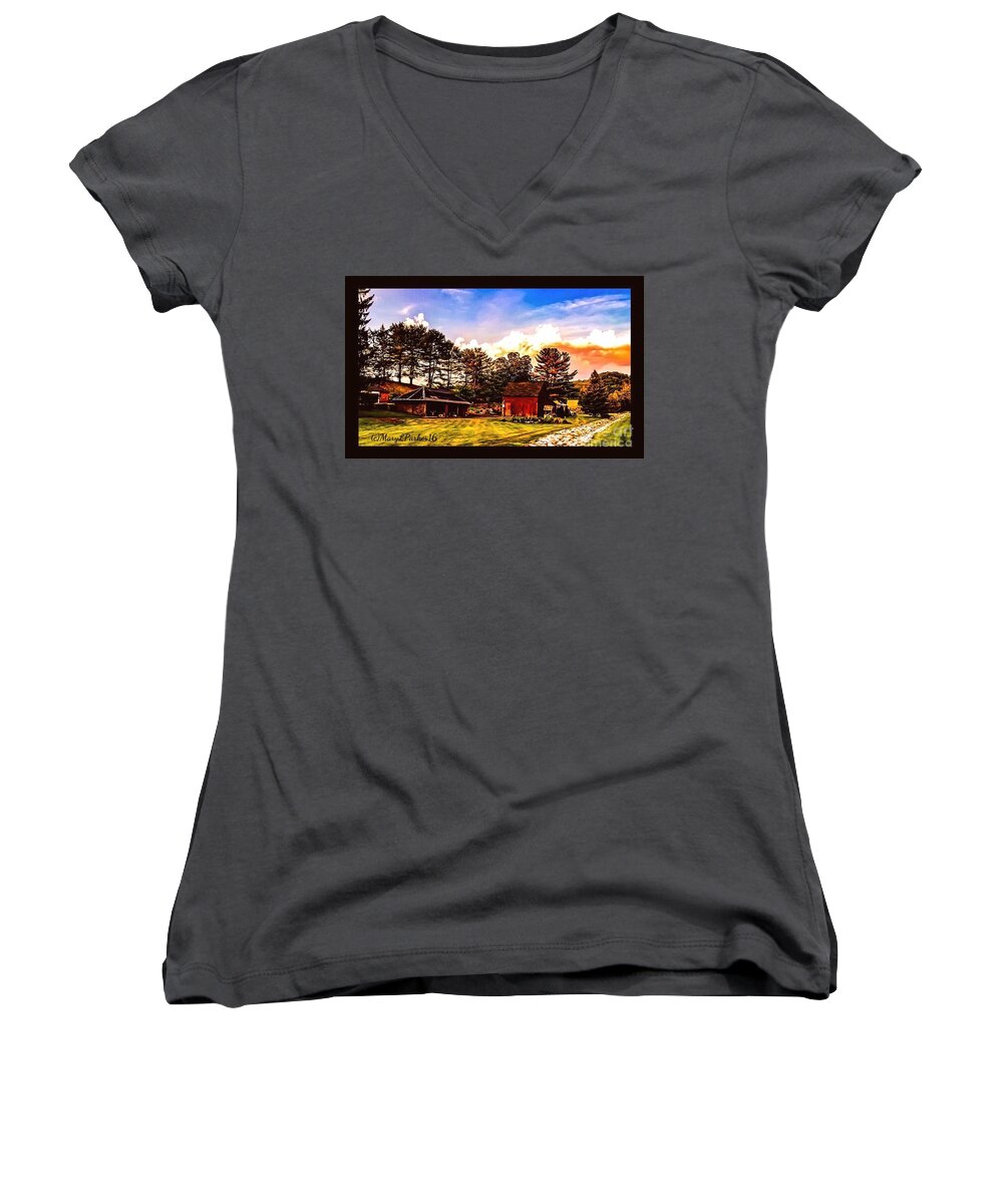 Landscape Women's V-Neck featuring the mixed media The Farm by MaryLee Parker