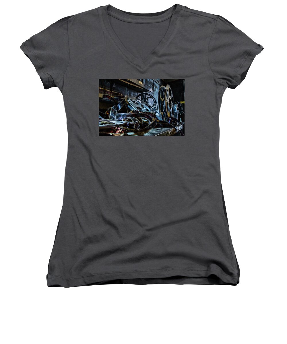 Lansdowne Theater Women's V-Neck featuring the photograph The Film Room by Kristia Adams
