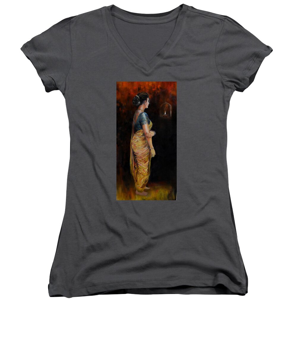 Woman In Sari Women's V-Neck featuring the painting The first Diwali by Parag Pendharkar
