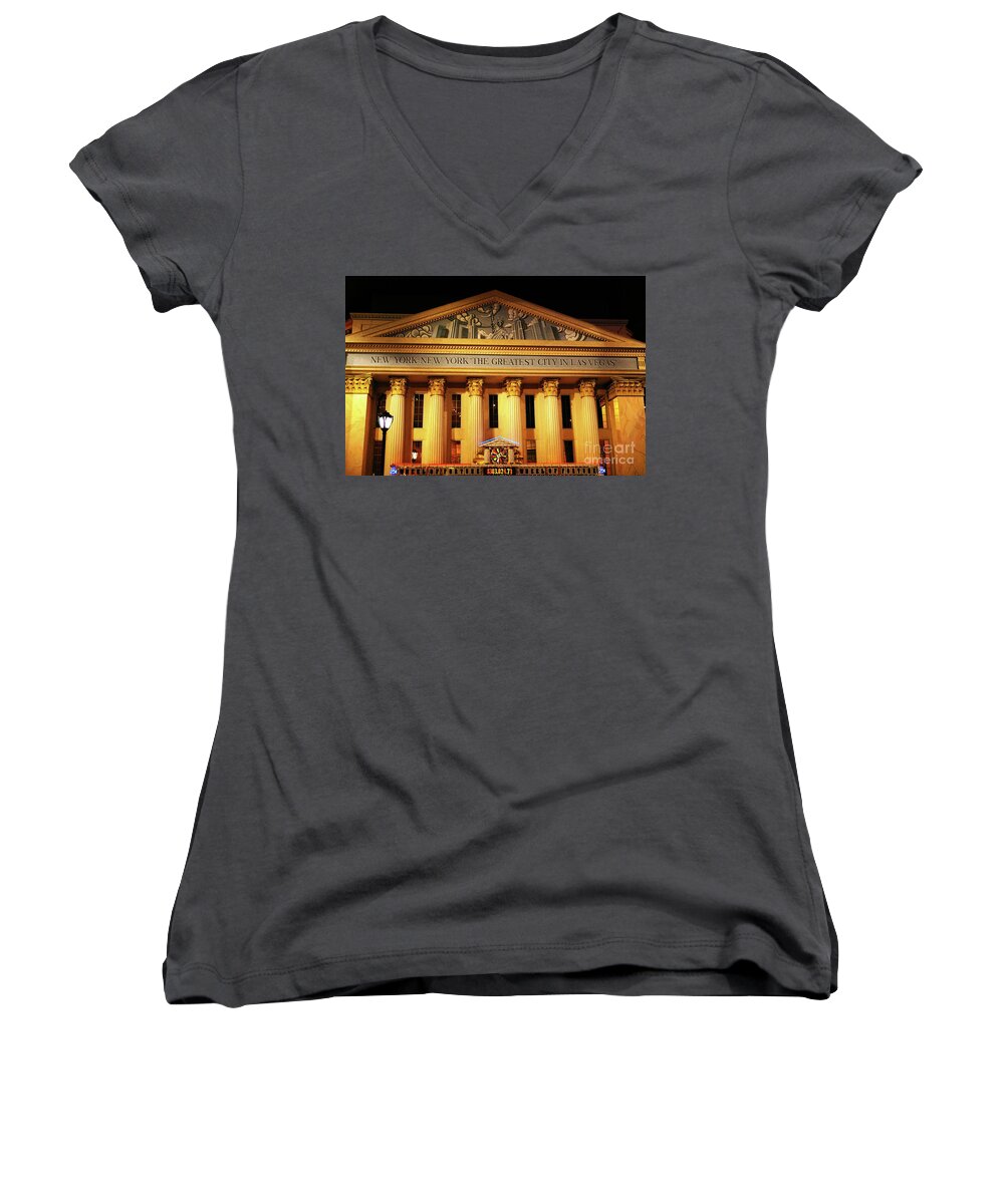 New York New York Hotel The Greatest City In Las Vegas Women's V-Neck featuring the photograph The Greatest City in Las Vegas by Mariola Bitner