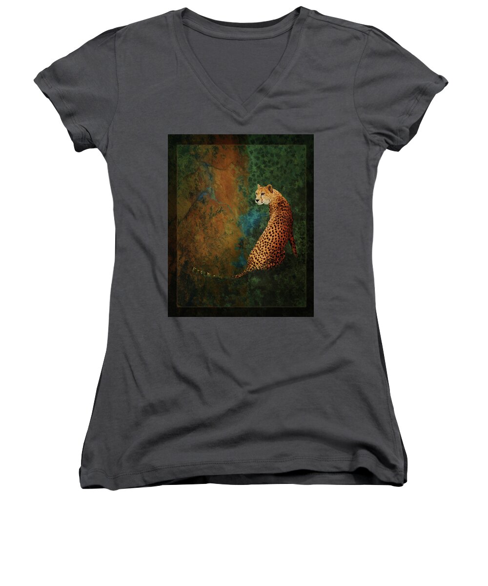 Cheetah Women's V-Neck featuring the photograph The Guard at the Temple by Melinda Hughes-Berland