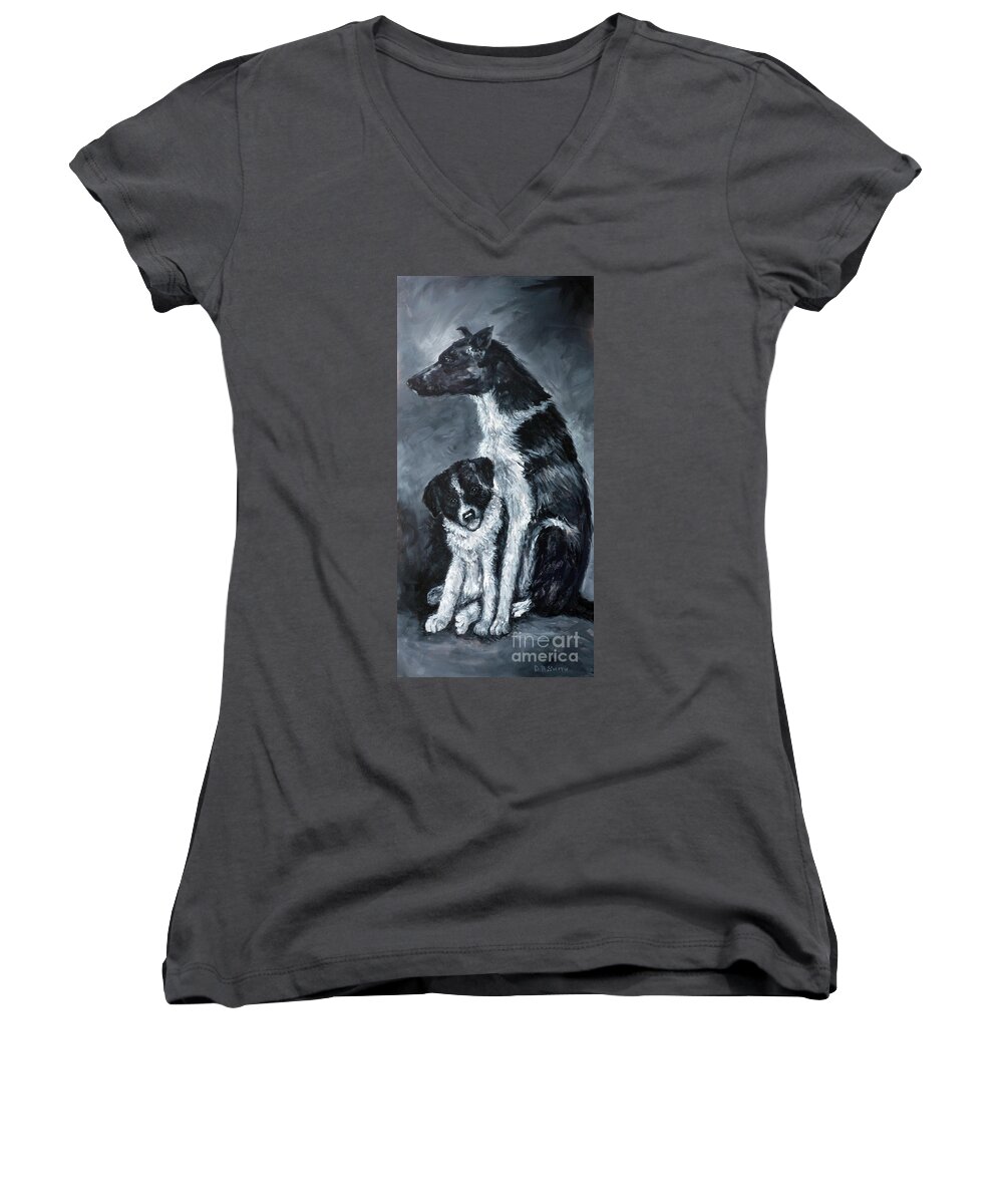 Dog And Puppy Women's V-Neck featuring the painting The Guardian by Deborah Smith