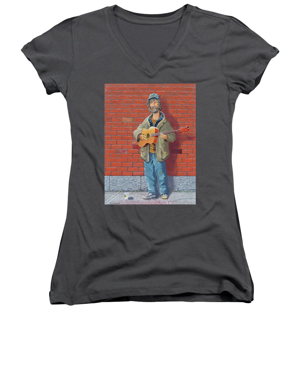 Guitarist Homeless Lost Hungry Cold Sick Lonely Angry Confused Forgotten Women's V-Neck featuring the painting The Guitarist by Gary Giacomelli
