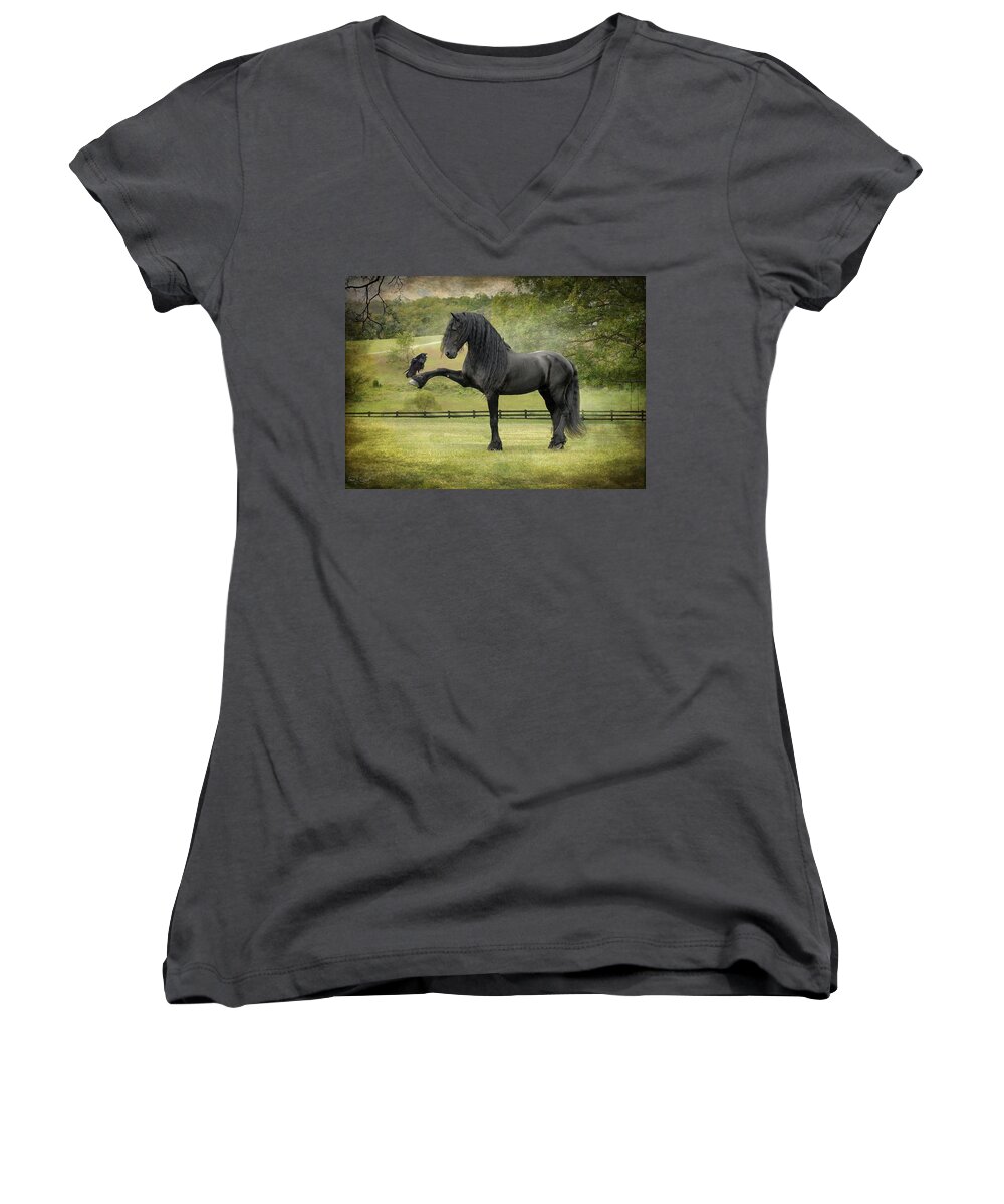 Friesian Horses Women's V-Neck featuring the photograph The Harbinger by Fran J Scott