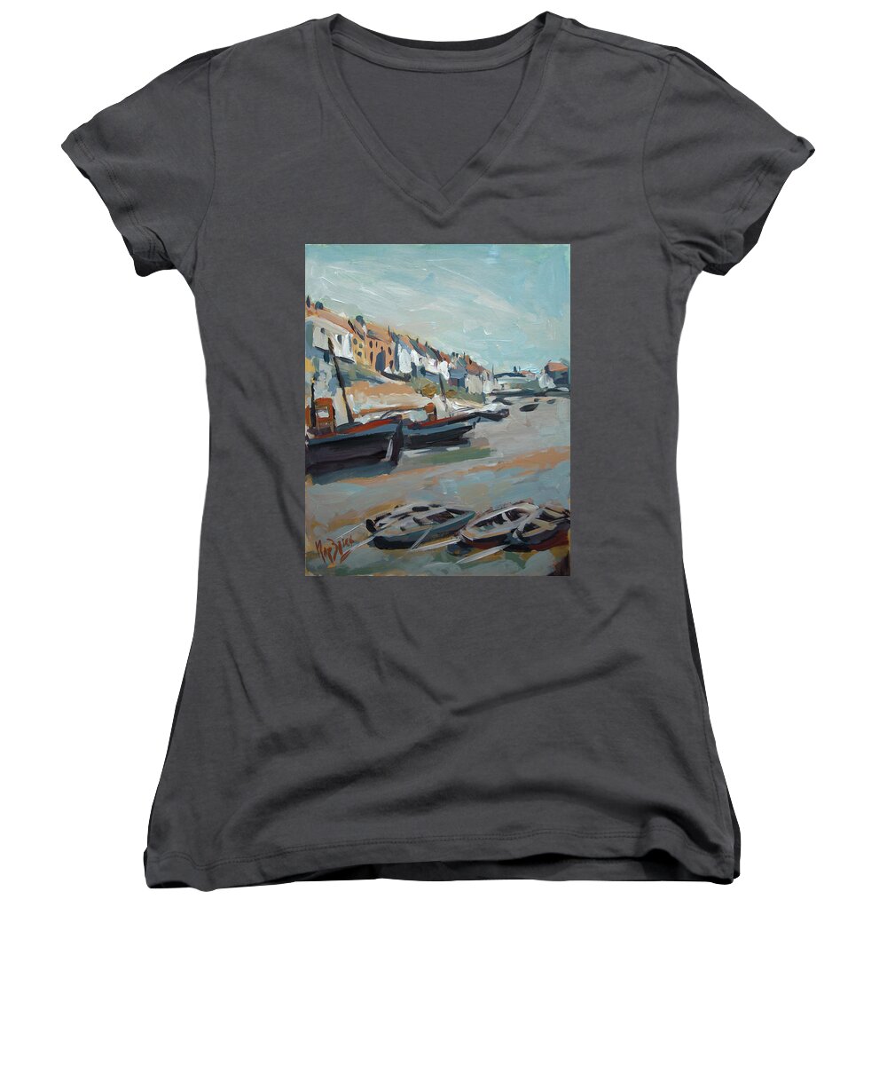 England Women's V-Neck featuring the painting The harbour of Mevagissey by Nop Briex