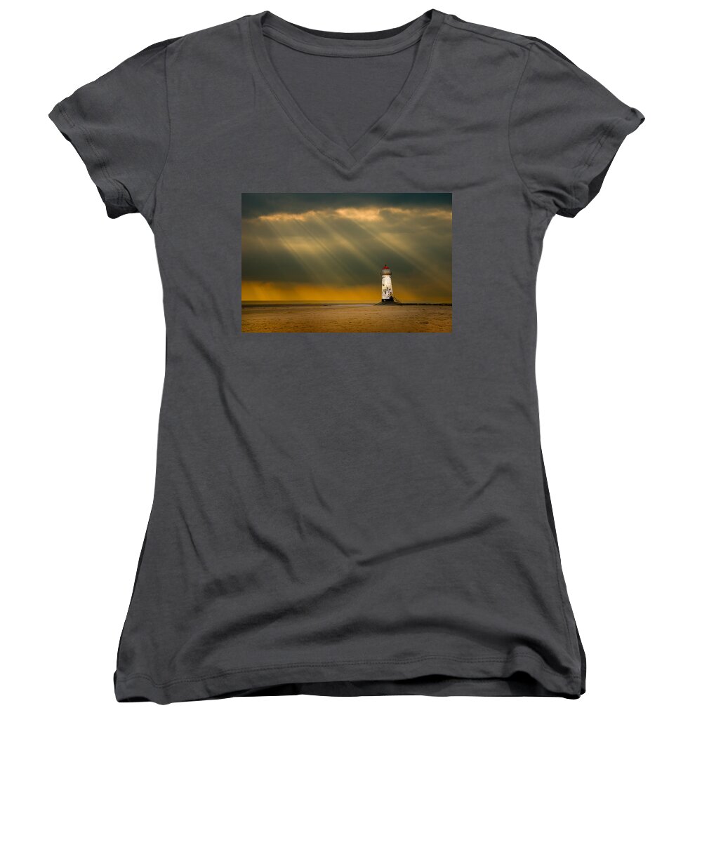  Women's V-Neck featuring the photograph The Lighthouse As The Storm Breaks by Meirion Matthias