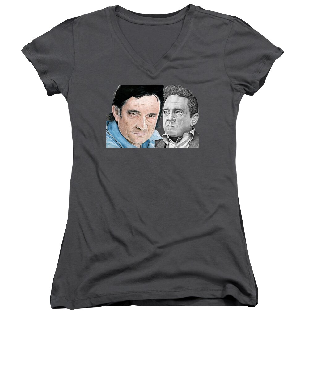 Cash Women's V-Neck featuring the drawing The Man in Black by Bill Richards