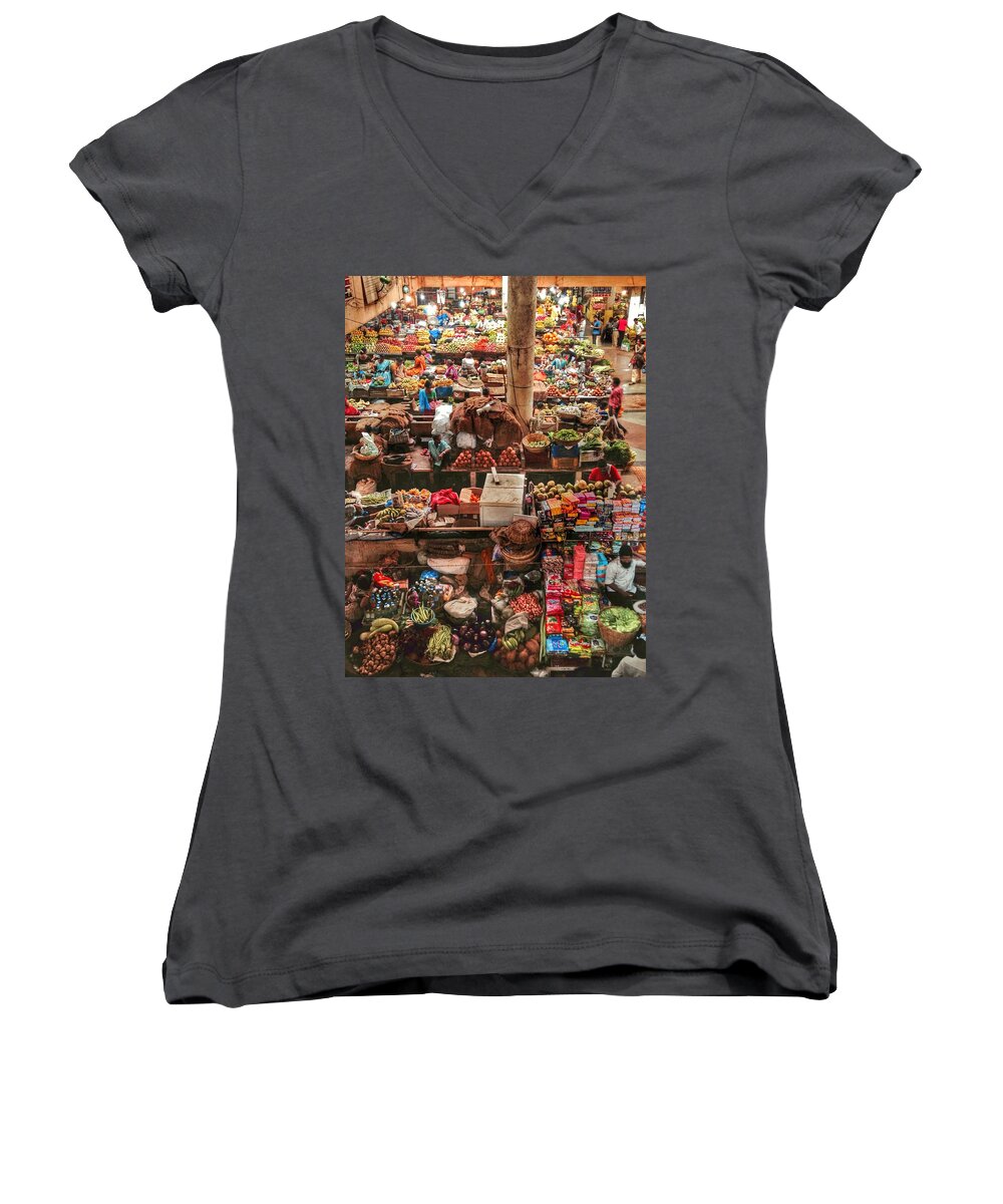 Colorful Women's V-Neck featuring the photograph The Market by LeLa Becker