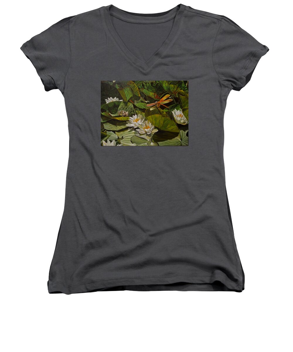 Water Lily Women's V-Neck featuring the painting The Morning Symphony by Thu Nguyen