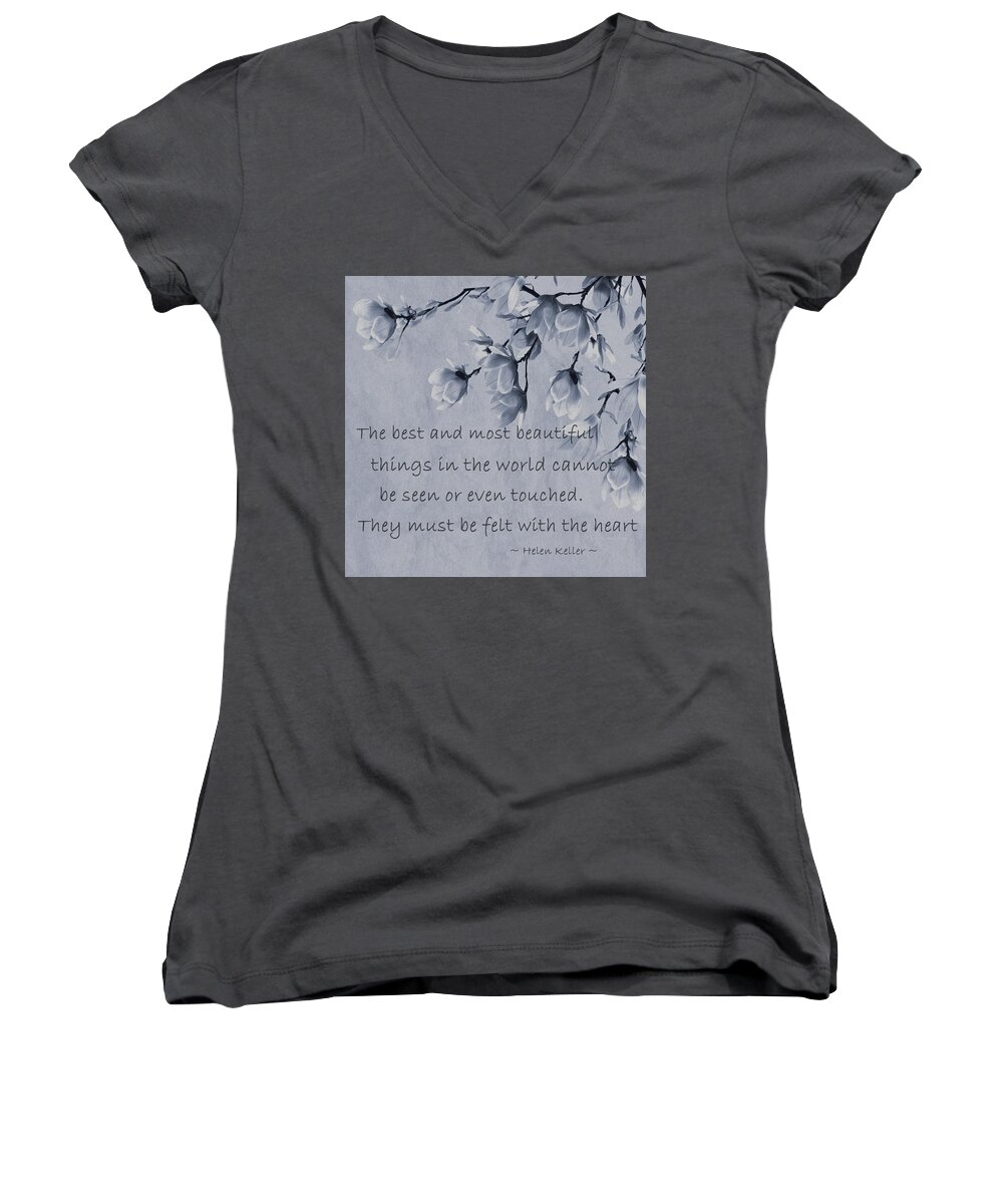 Hellen Keller Women's V-Neck featuring the mixed media The Most Beautiful Things in the World by Movie Poster Prints