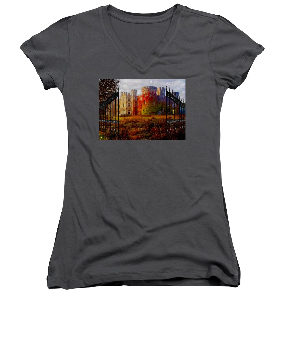 Castle Women's V-Neck featuring the digital art The Old Haunted Castle by Michael Rucker