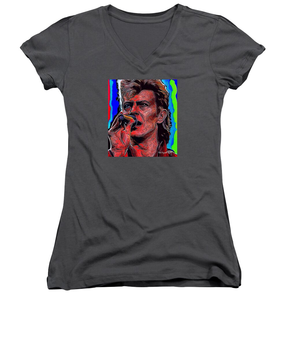 David Bowie Women's V-Neck featuring the painting The One, The Only, David Bowie by Ted Azriel