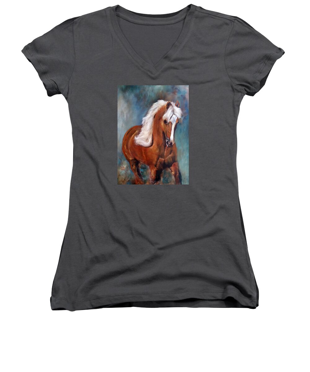 Palomino Women's V-Neck featuring the painting The Palomino 2 by Barbie Batson