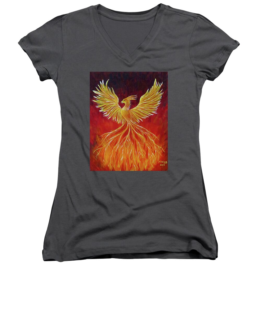 Phoenix Women's V-Neck featuring the painting The Phoenix by Teresa Wing