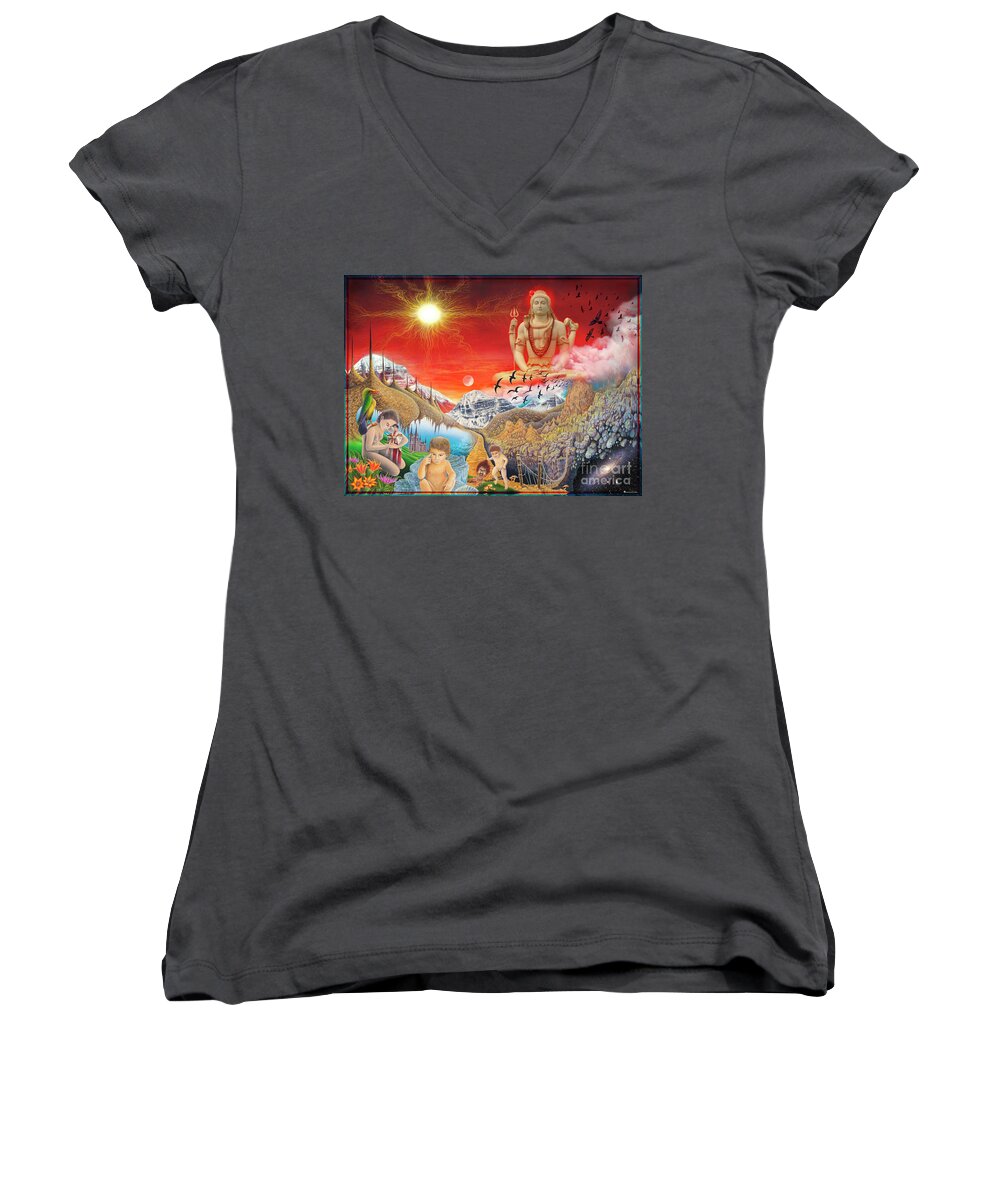 Surreal Art Women's V-Neck featuring the mixed media The Power of Different Gods by Leonard Rubins