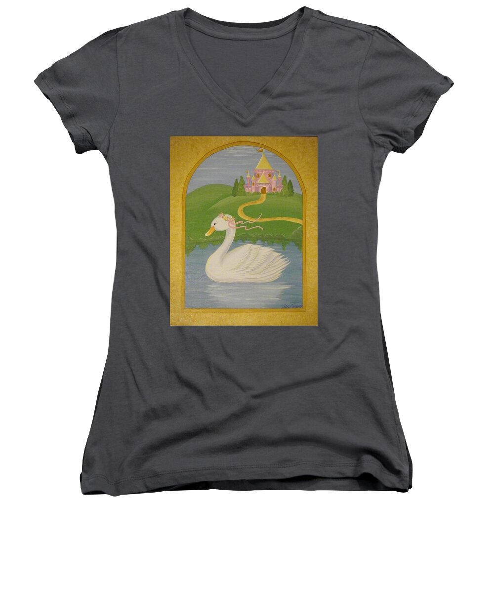 Swan Women's V-Neck featuring the painting The Princess Swan by Valerie Carpenter