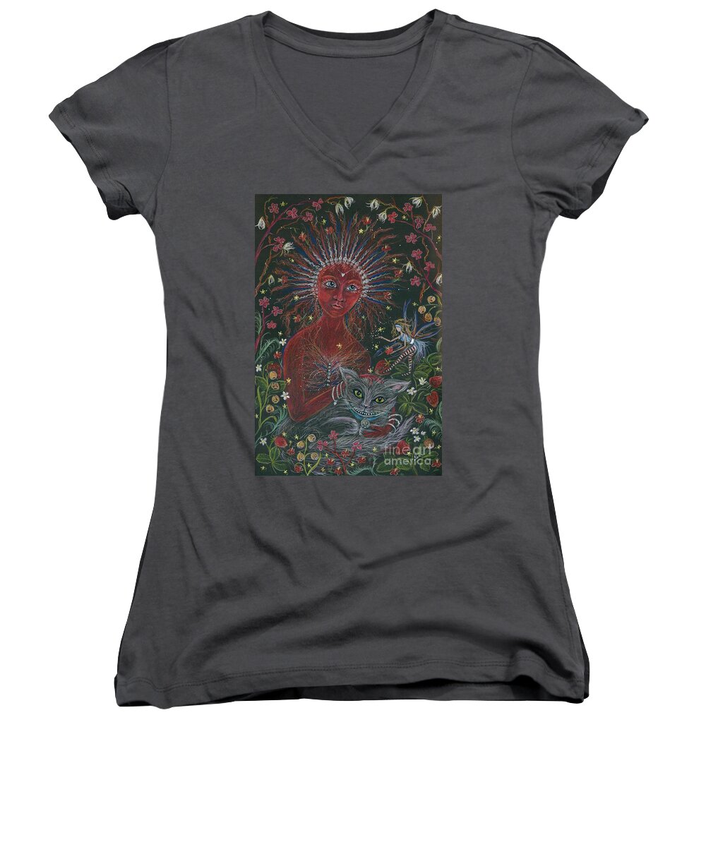 Cheshire Cat Women's V-Neck featuring the drawing The Red Queen by Dawn Fairies