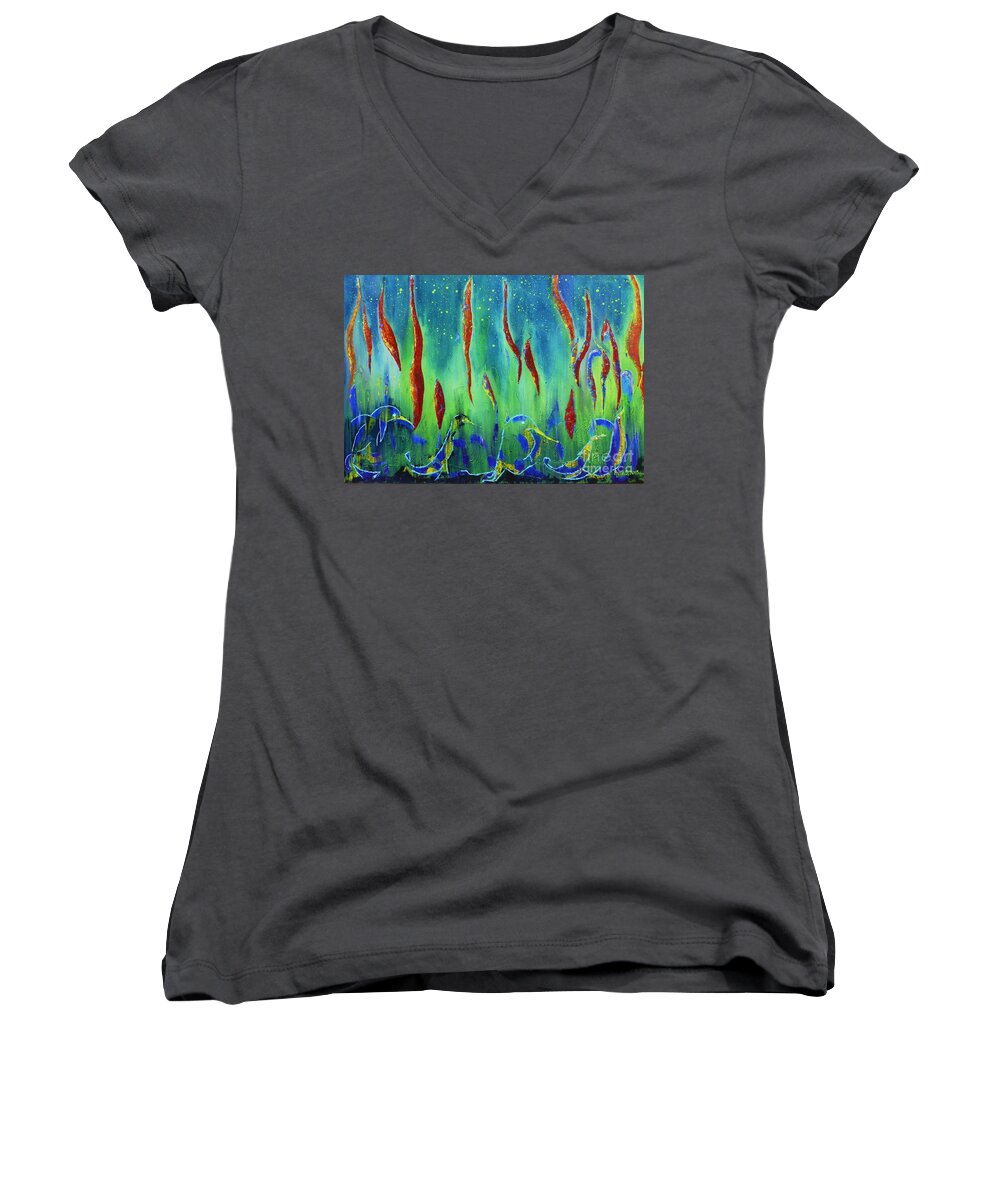 Abstract Women's V-Neck featuring the painting The Secret World of Water and Fire by Amalia Suruceanu