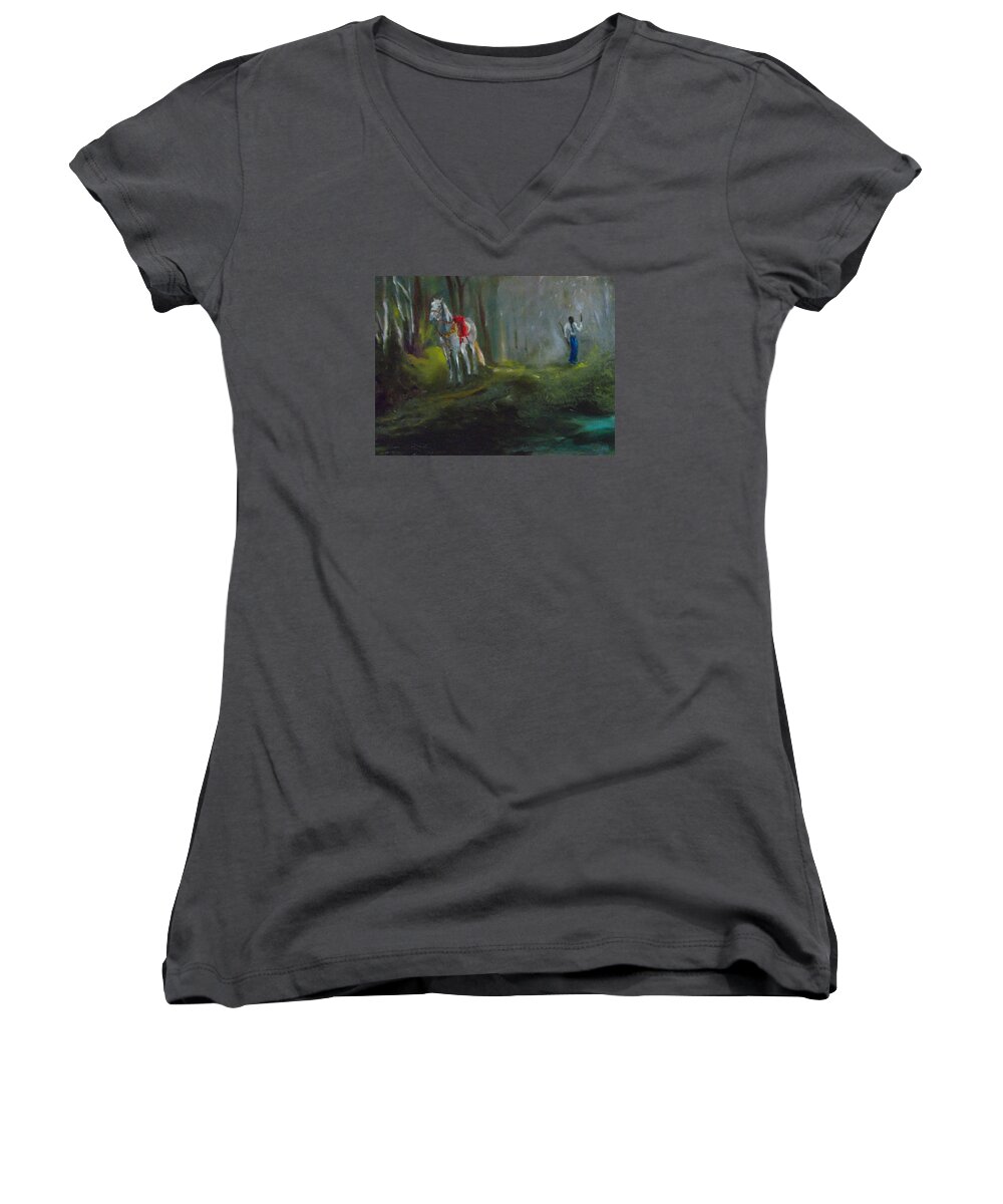 Horse Women's V-Neck featuring the painting The Seeker II by Susan Esbensen