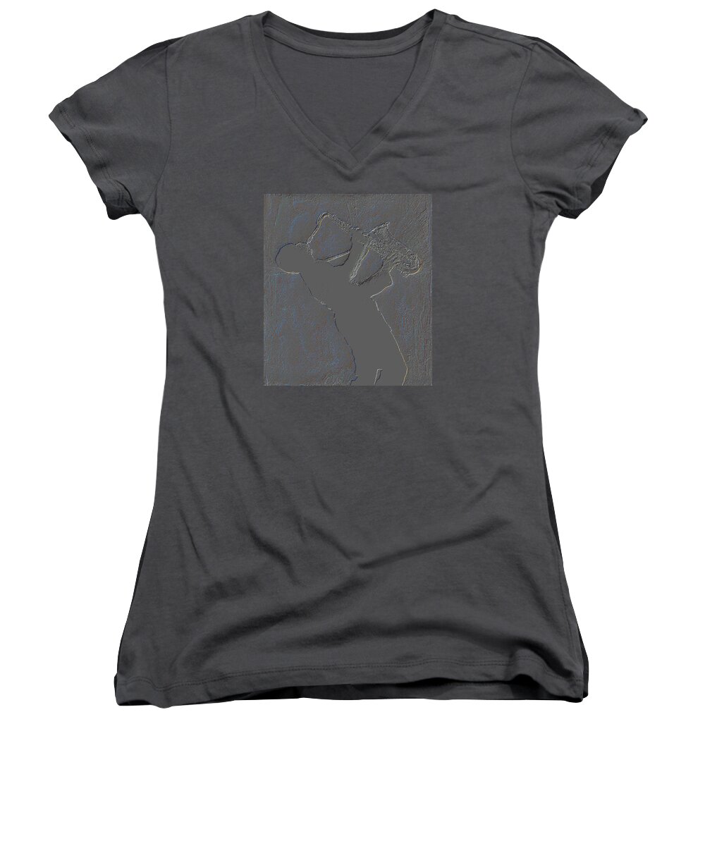 Sax Women's V-Neck featuring the painting The singer by Laur Iduc