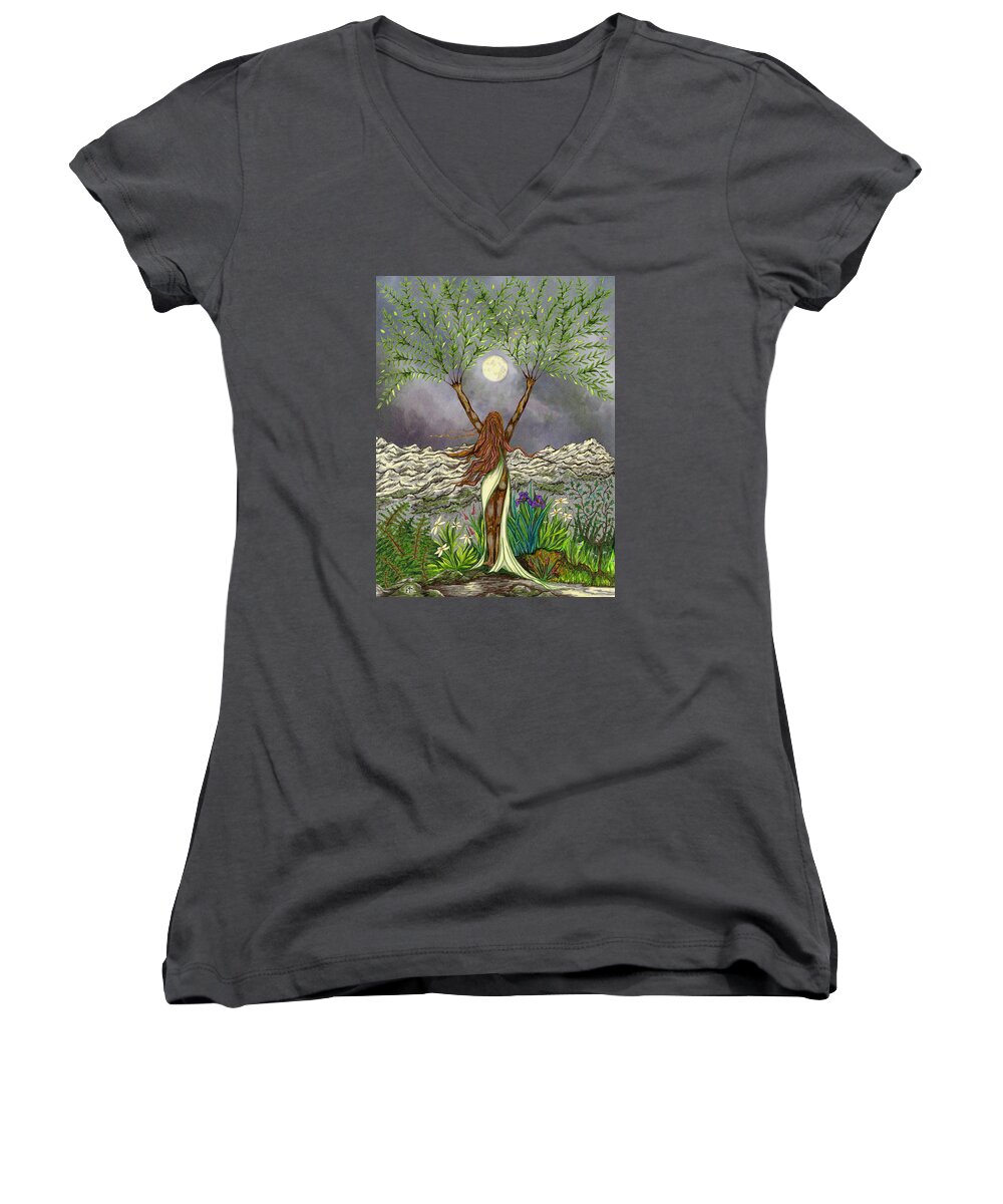 Creation Women's V-Neck featuring the drawing The Singing Girl by FT McKinstry
