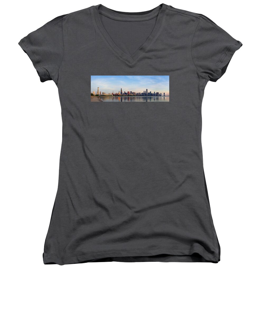Built Structure Women's V-Neck featuring the photograph The Skyline of Chicago at Sunrise by David Levin