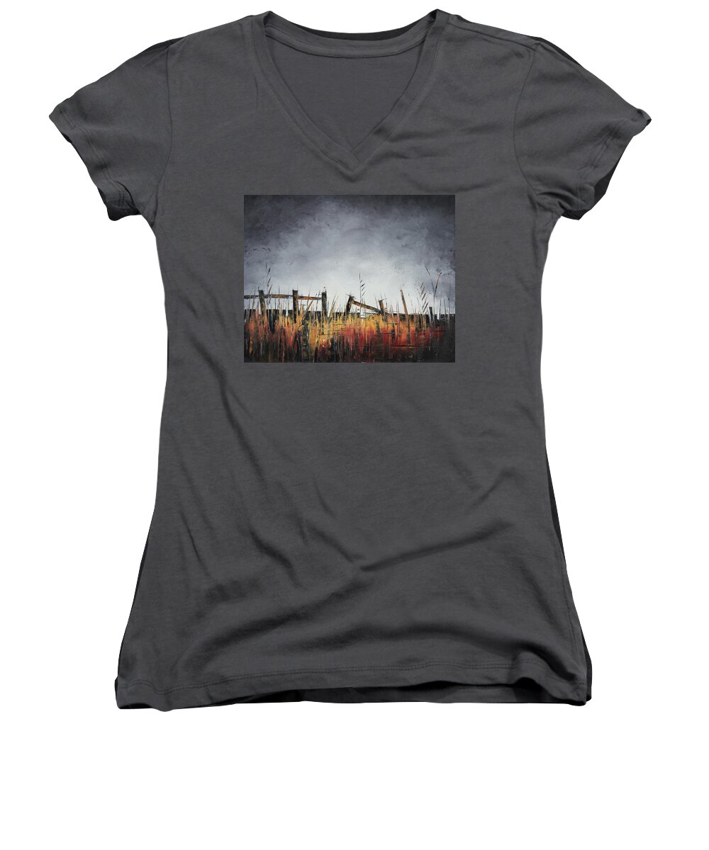 Fields Women's V-Neck featuring the painting The Stories Were Left Untold by Carolyn Doe