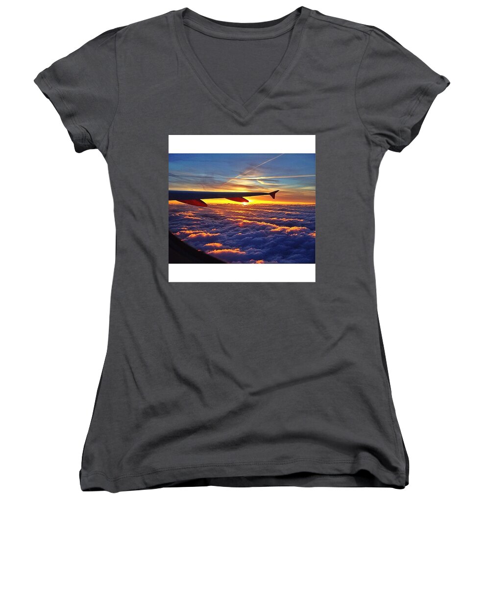 Fff Women's V-Neck featuring the photograph The Sunset While I Fly From Amsterdam by Tai Lacroix