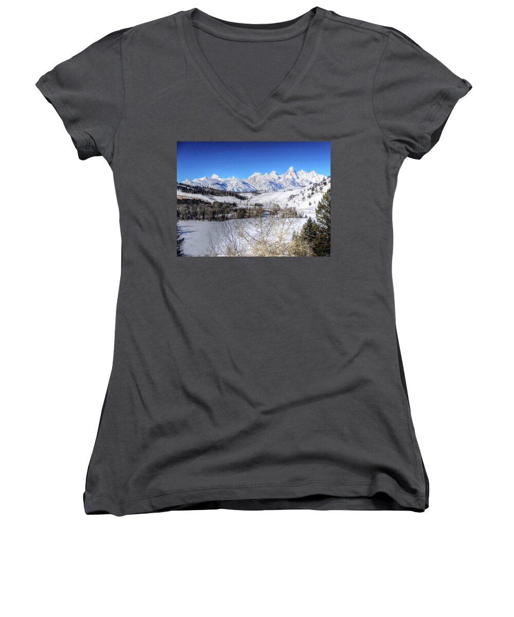 Grand Teton National Park Women's V-Neck featuring the photograph The Tetons from Gros Ventre Valley by Don Mercer