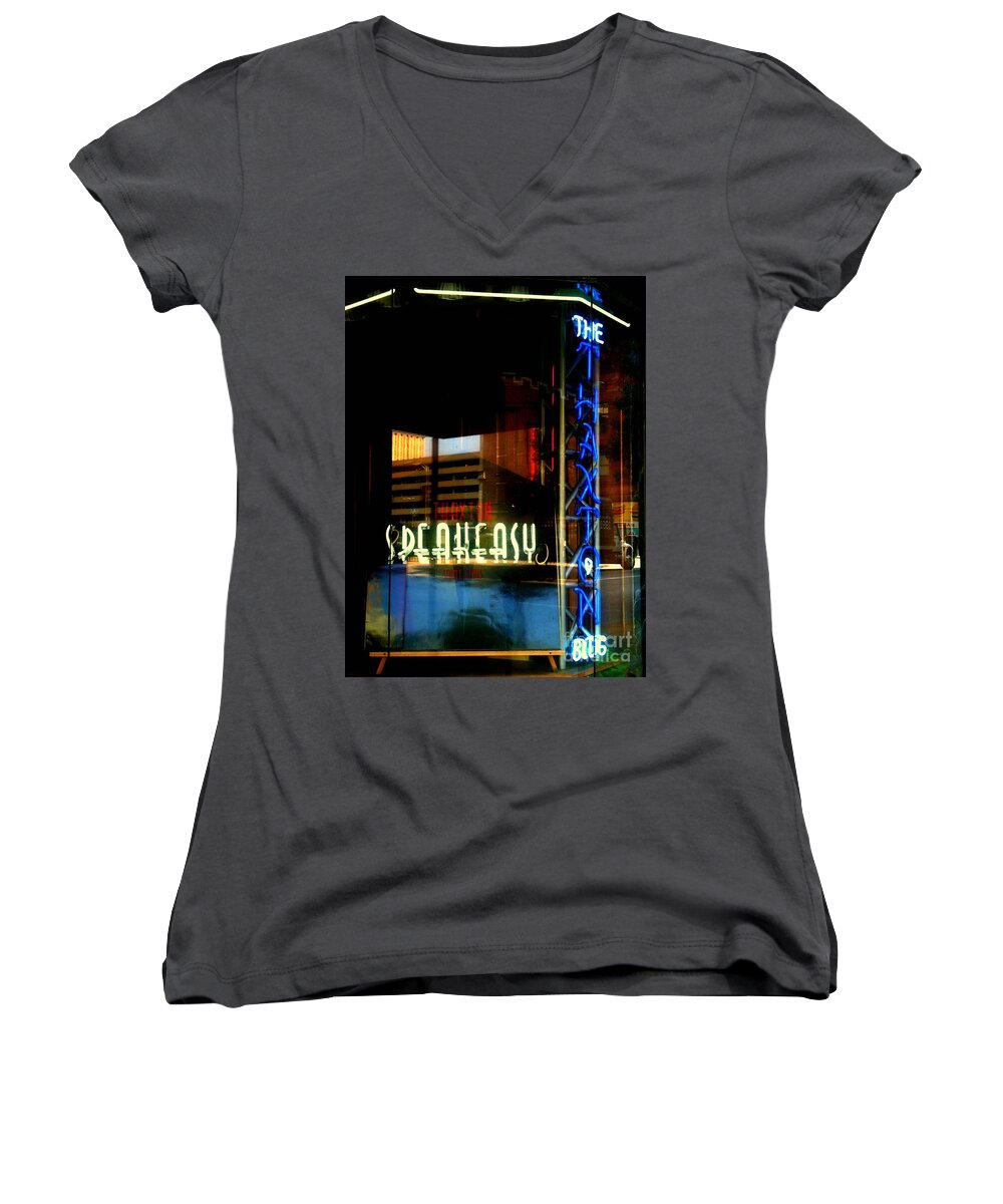 Women's V-Neck featuring the photograph The Thaxton Speakeasy by Kelly Awad