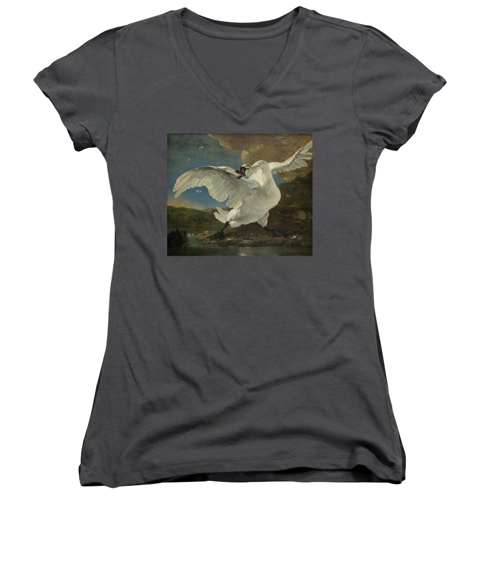 Swan Women's V-Neck featuring the painting The Threatened Swan, 1650 by Vincent Monozlay