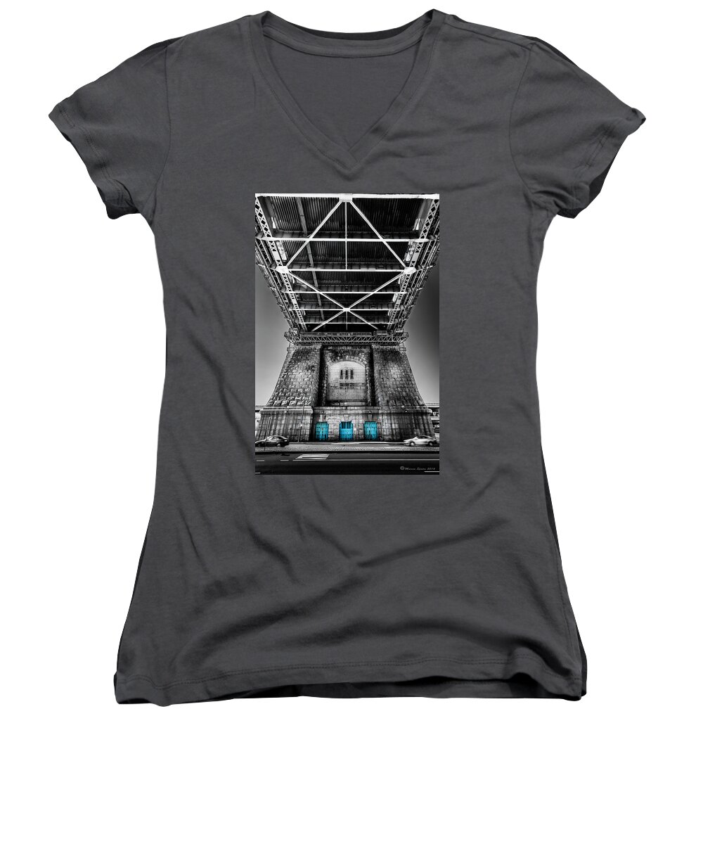 Marvin Saptes Women's V-Neck featuring the photograph The Three Blue Doors by Marvin Spates
