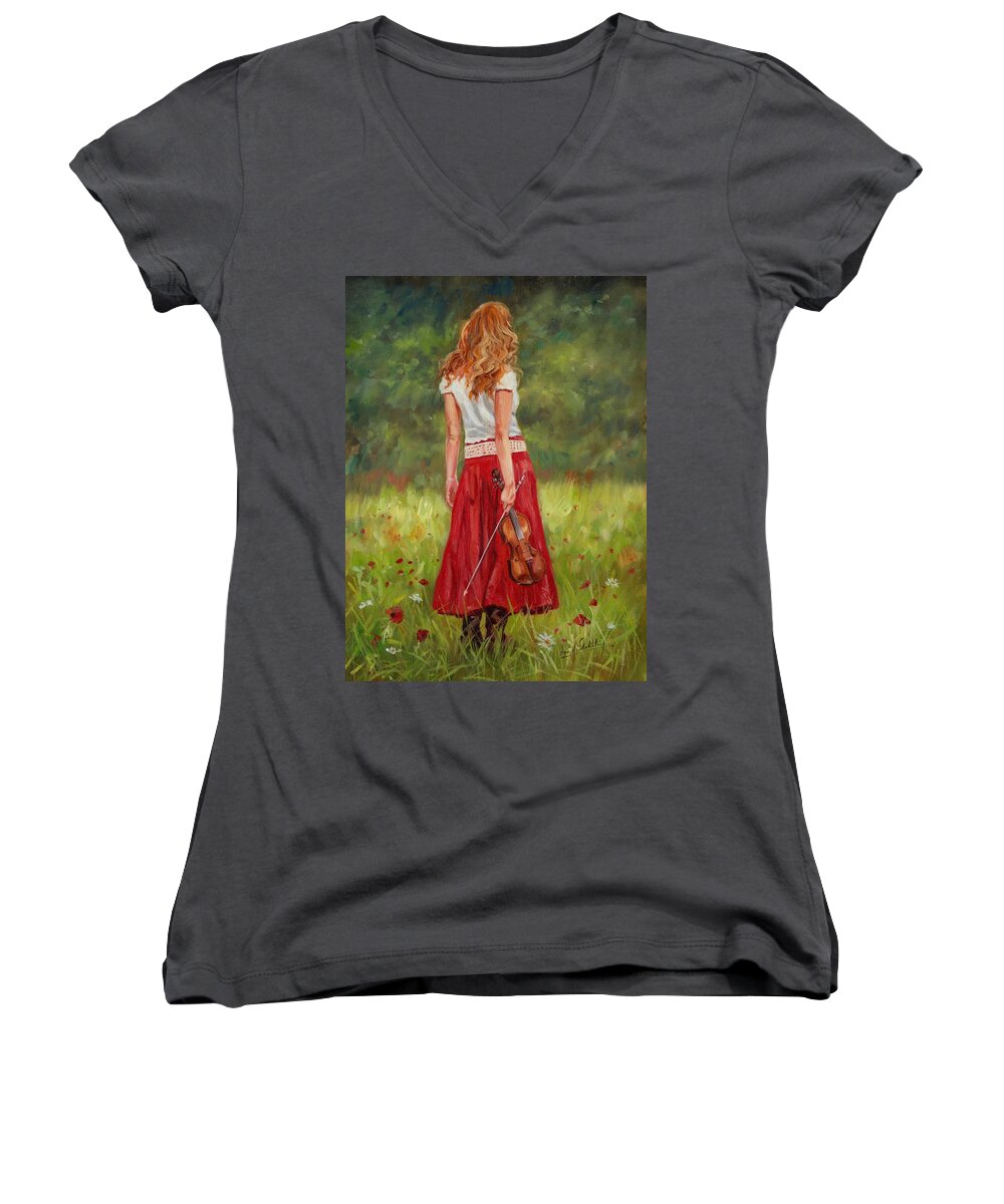 Girl Women's V-Neck featuring the painting The Violinist by David Stribbling