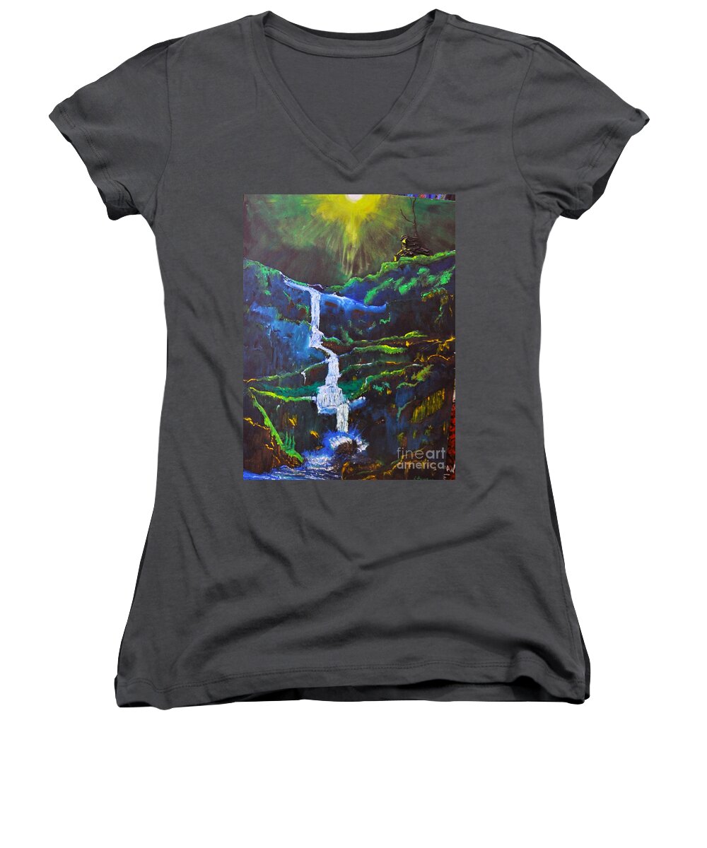 Waterfall Women's V-Neck featuring the painting The Waterfall by Stefan Duncan