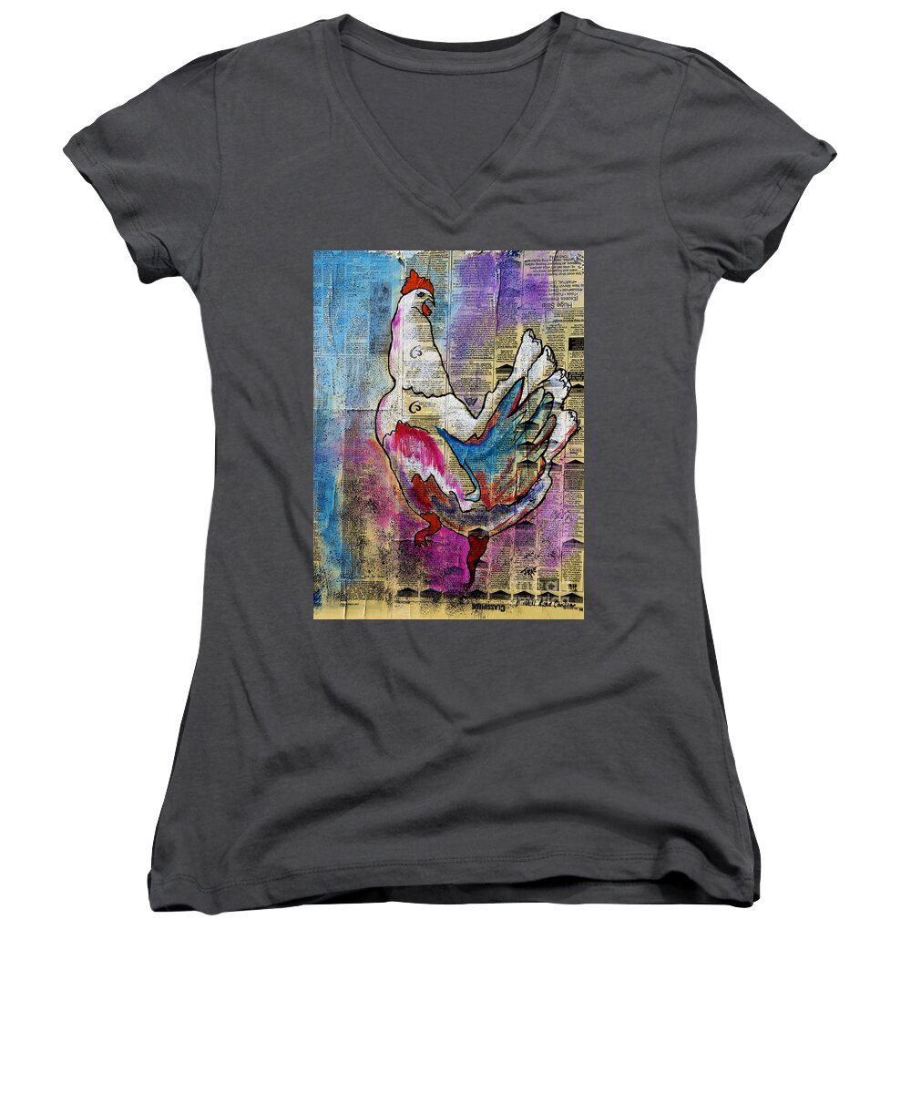 Bird Women's V-Neck featuring the painting The Well Read Chicken by Janice Pariza