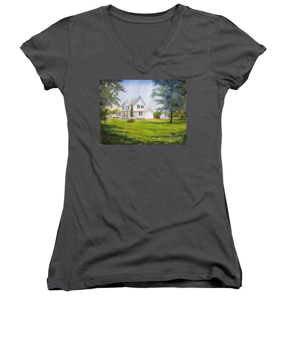Farm Women's V-Neck featuring the painting The Whitehouse by Shirley Braithwaite Hunt