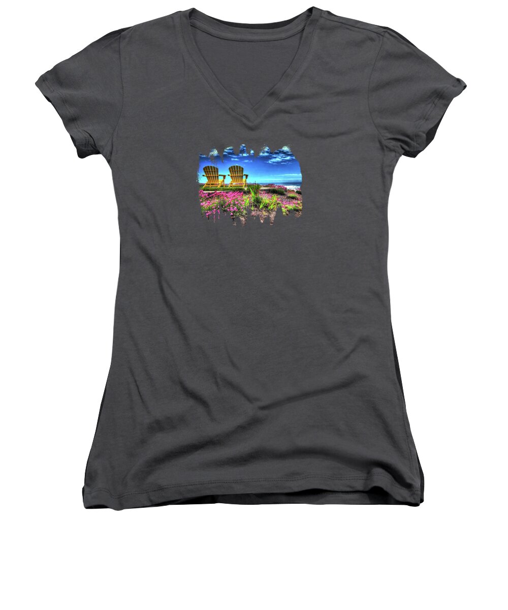 Thom Zehrfeld Photography Women's V-Neck featuring the photograph Chairs By The Sea by Thom Zehrfeld