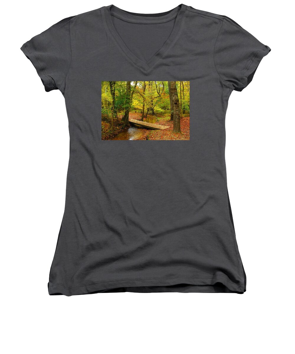 Autumn Landscapes Women's V-Neck featuring the photograph There Is Peace - Allaire State Park by Angie Tirado